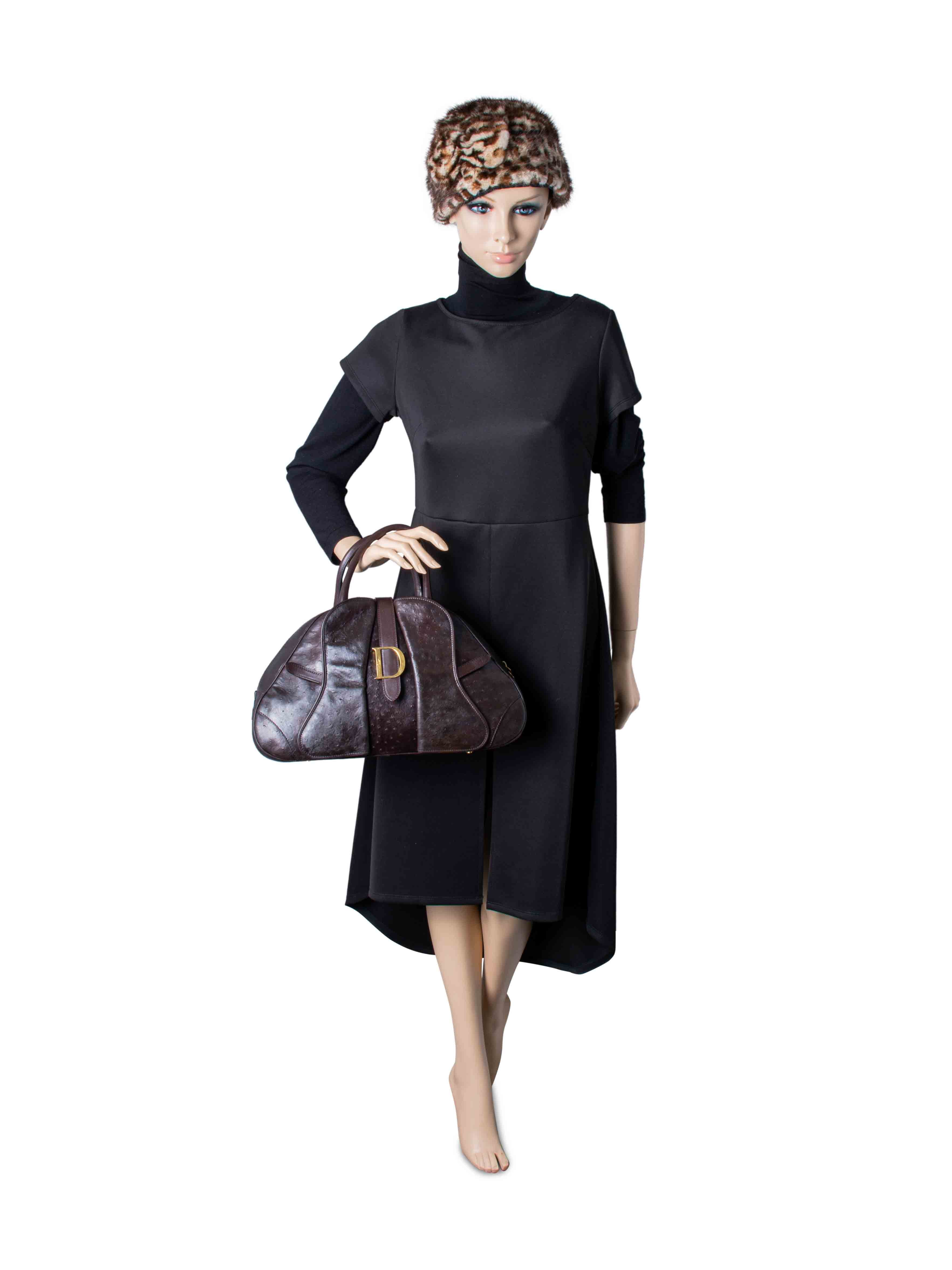 Christian Dior Ostrich Double Saddle Top Handle Bag Brown