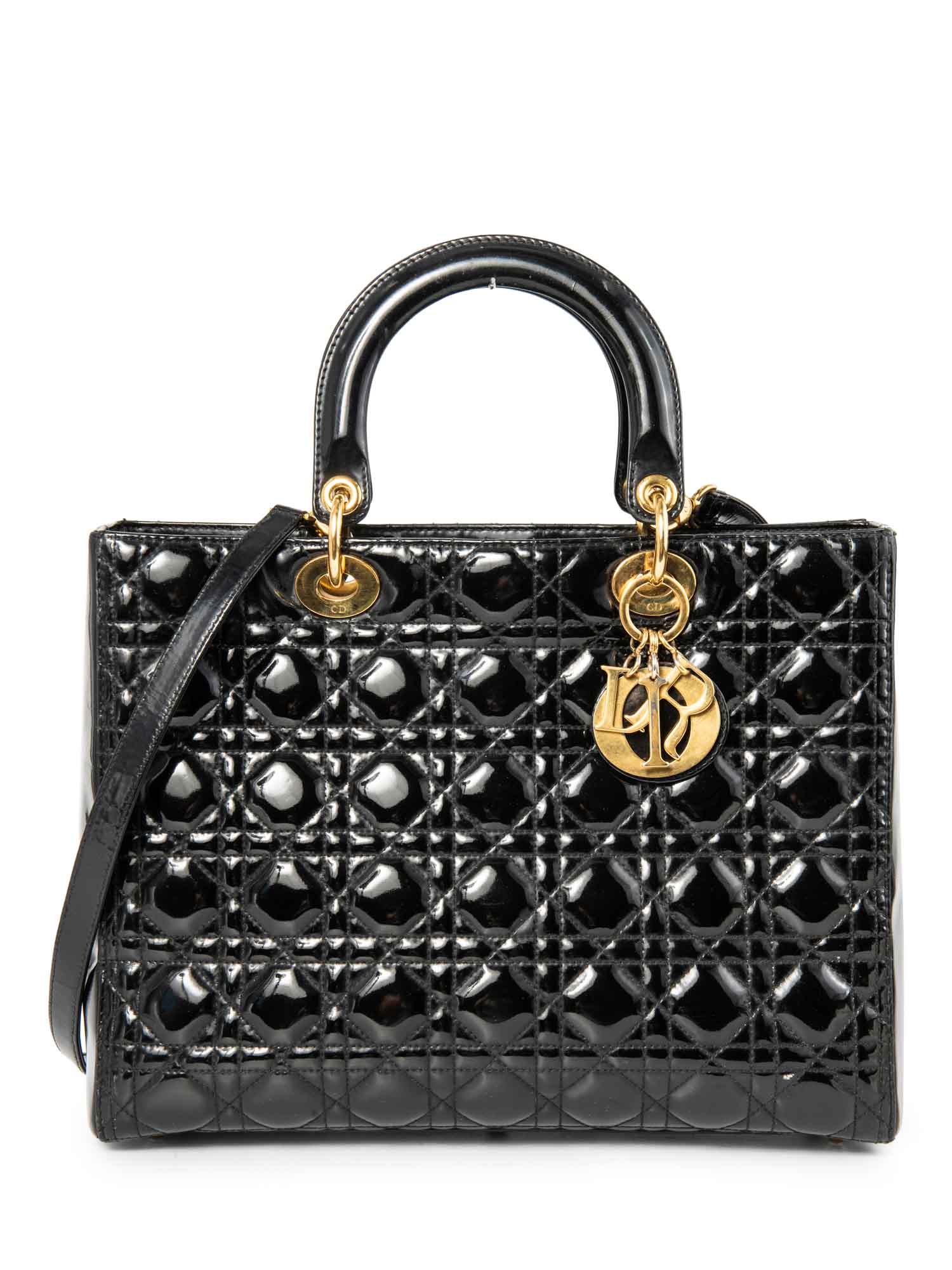 Christian Dior Patent Leather Cannage Large Lady Dior Tote Black