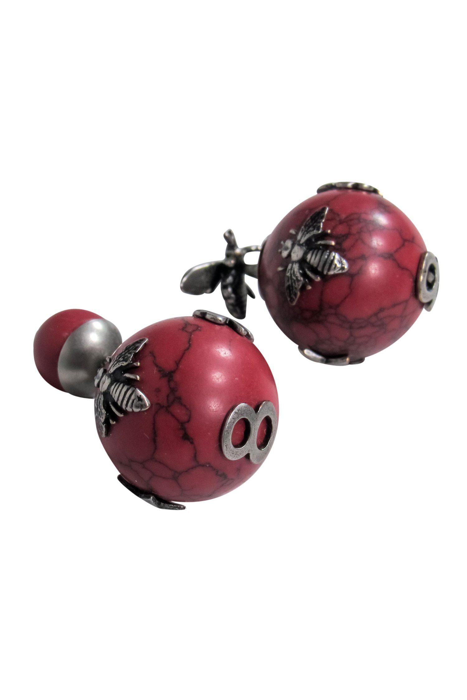 Christian Dior - Red Marbled Round "Tribales" Earrings w/ Bees & Clovers