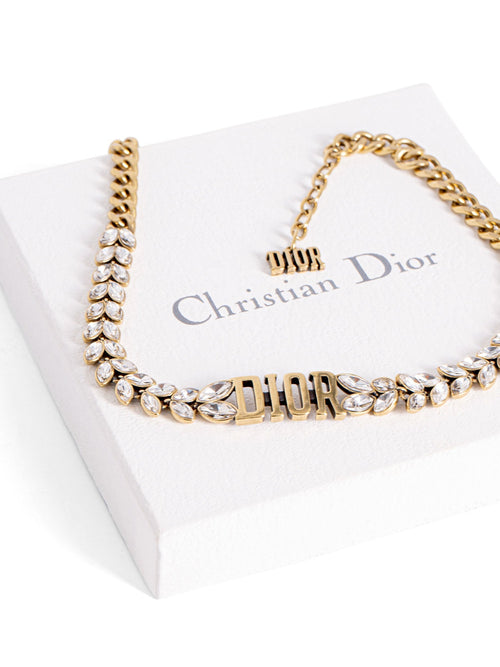 Christian Dior Vintage Logo Laurel Leaf Swarovski Choker Necklace Gold