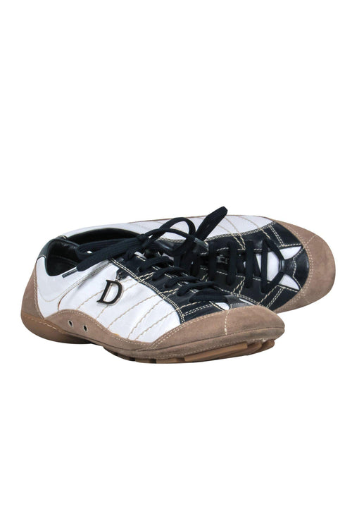 Christian Dior - White, Navy & Tan Colorblocked Leather & Suede Lace-Up Sneakers Sz 10