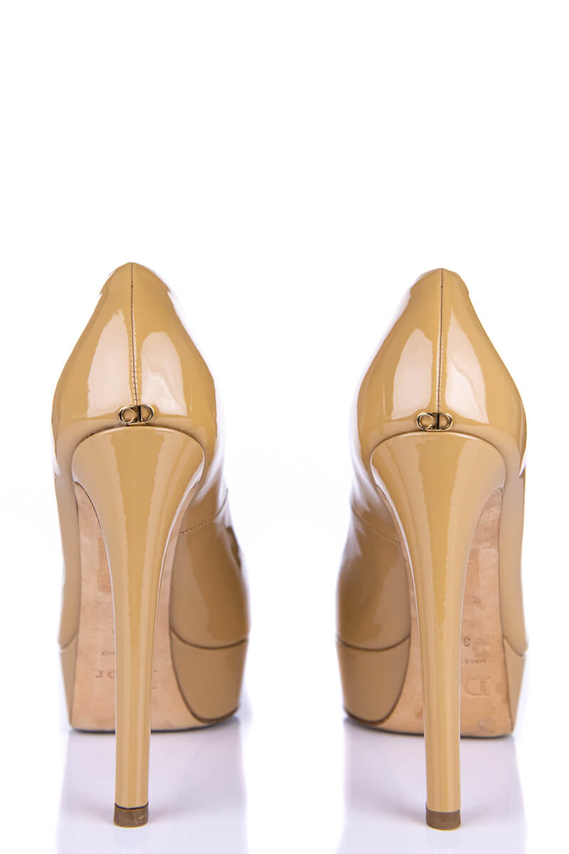 Dior Beige Patent Peep Toe Platform Pumps Size US 6.5 | EU 36.5
