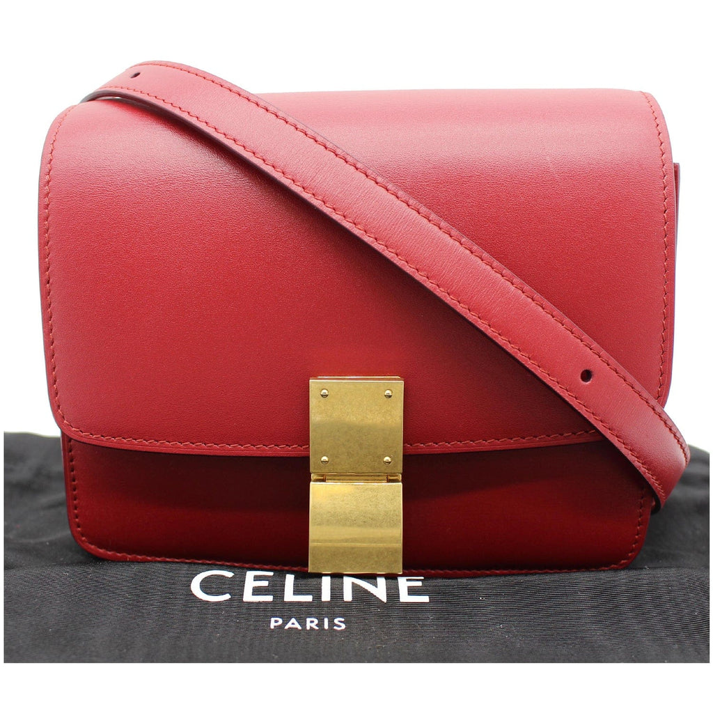 CELINE Small Classic Box Leather Flap Shoulder Bag Red
