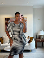 Christian Dior Navy and White Striped Textured Midi Dress and igan Set Size FR 42 (UK 14)
