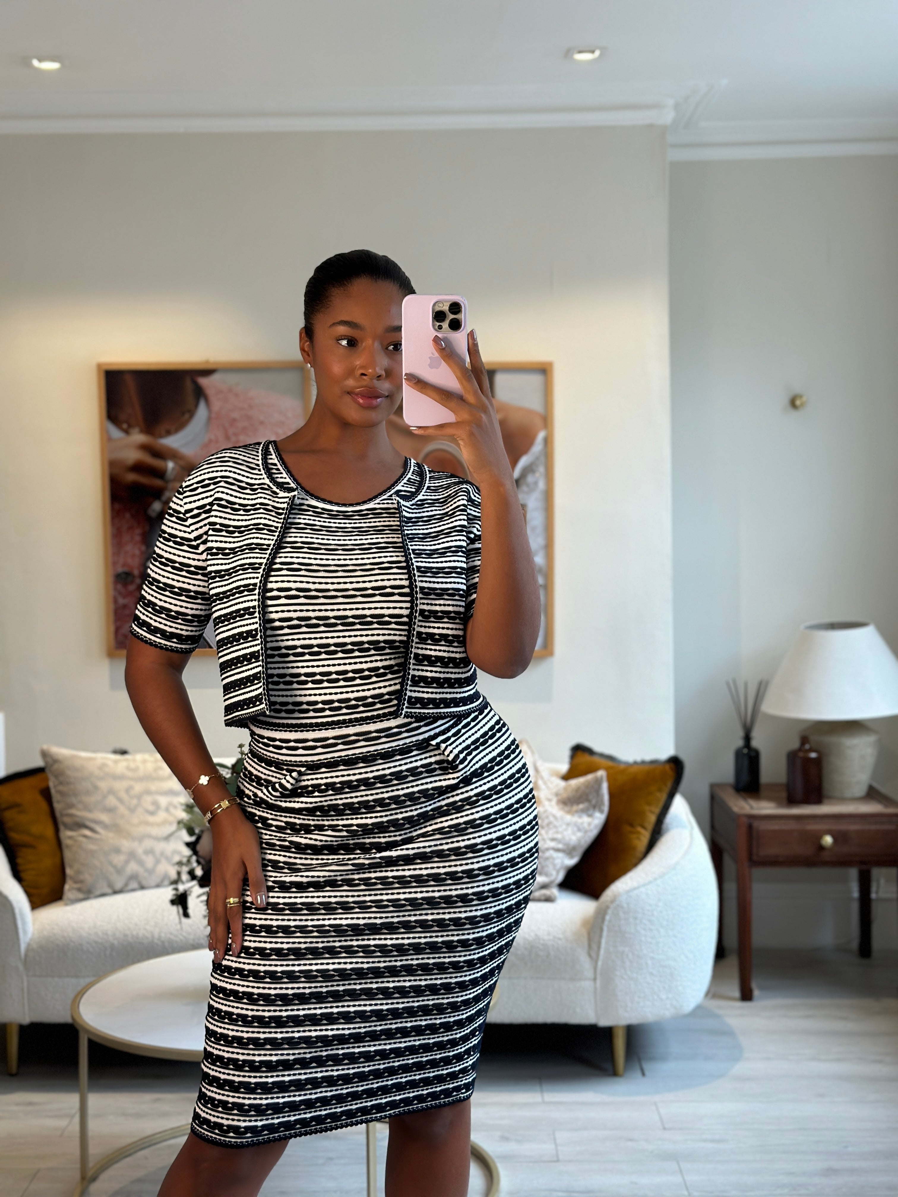 Christian Dior Navy and White Striped Textured Midi Dress and igan Set Size FR 42 (UK 14)