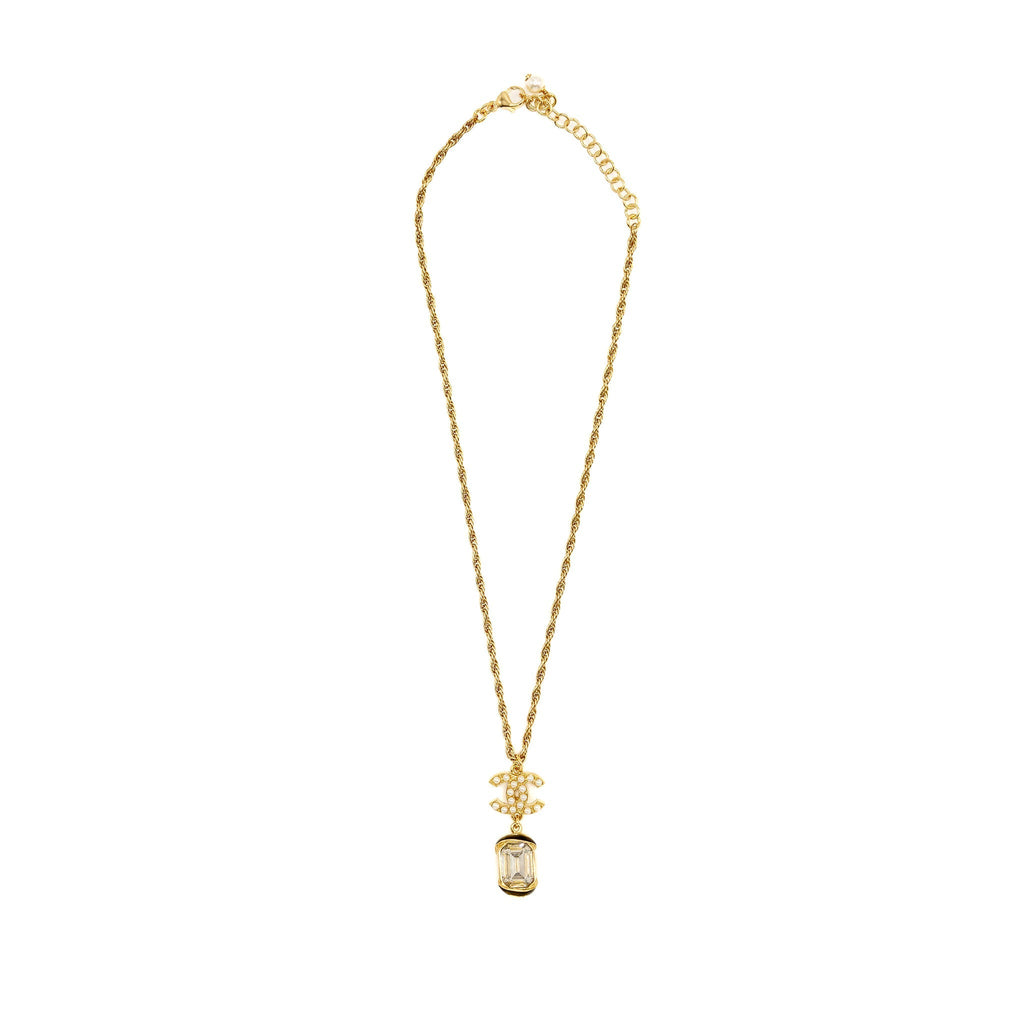 Chanel Pearl CC Pendant with Crystal Drop Necklace Gold Tone