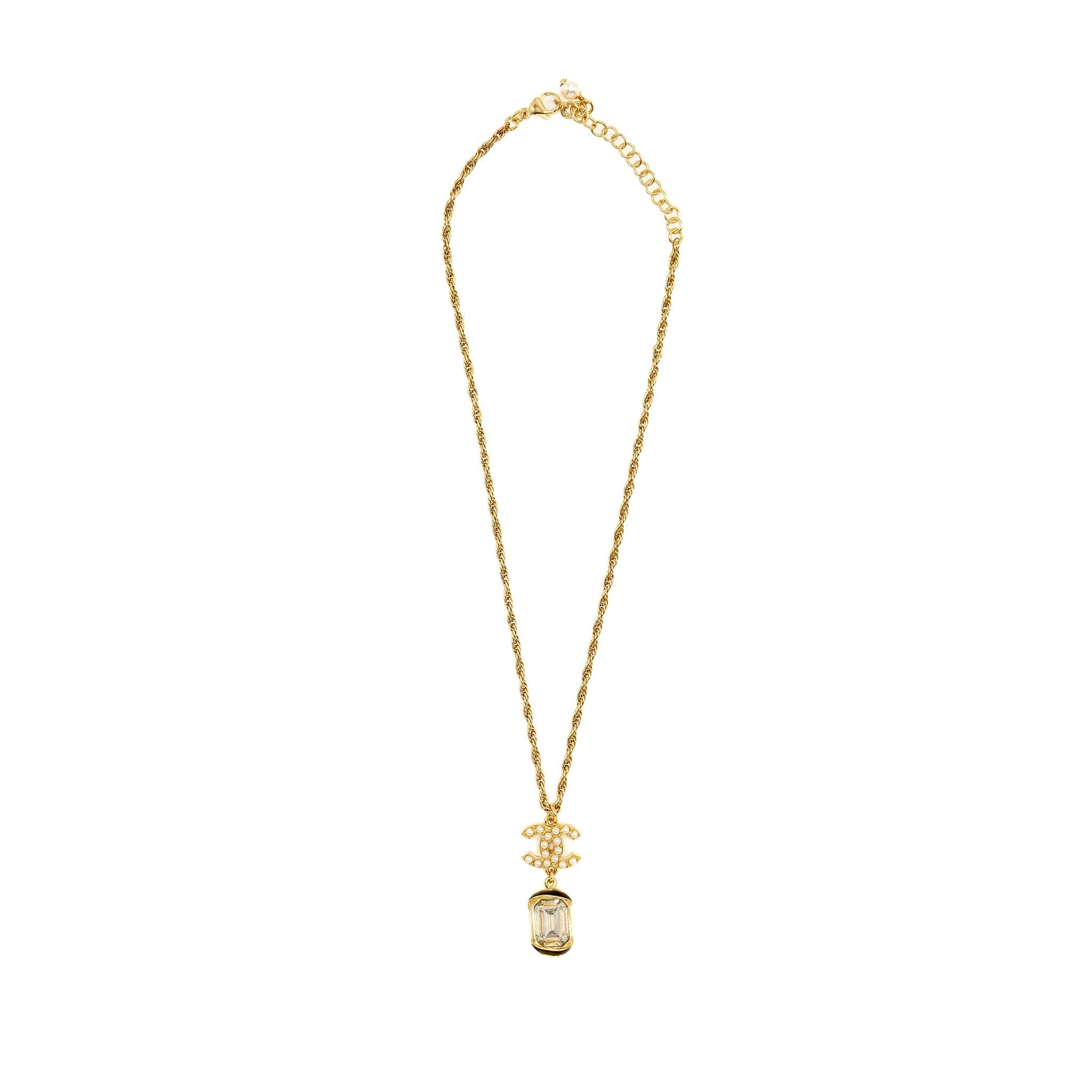 Chanel Pearl CC Pendant with Crystal Drop Necklace Gold Tone