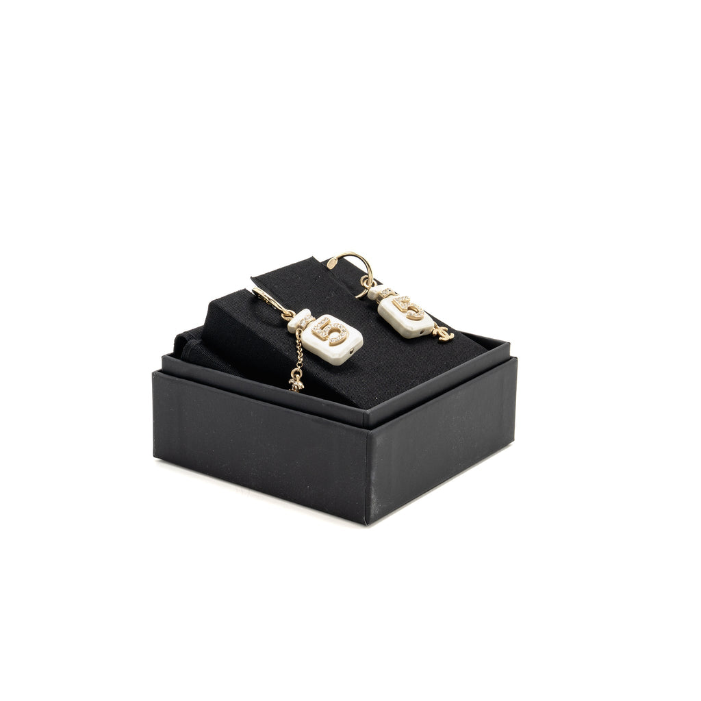 Chanel No.5 Perfume Bottle cc Logo Dropped Crystal Earrings Light Gold Tone