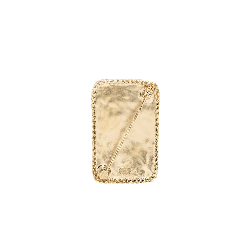 CHANEL CC LOGO AND CROWN METAL PLATE BROOCH BRUSHED Gold Hardware