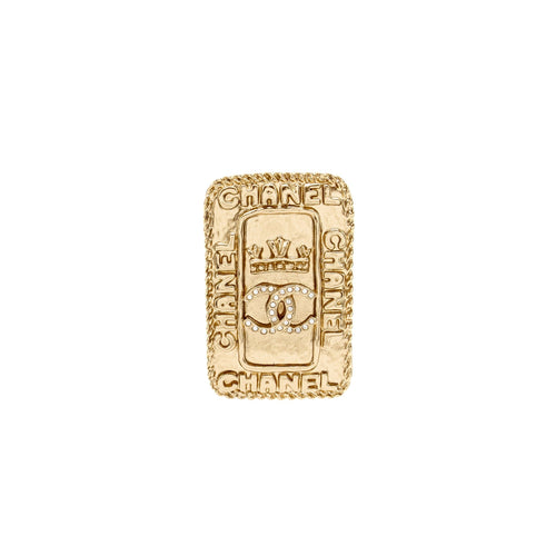 CHANEL CC LOGO AND CROWN METAL PLATE BROOCH BRUSHED Gold Hardware