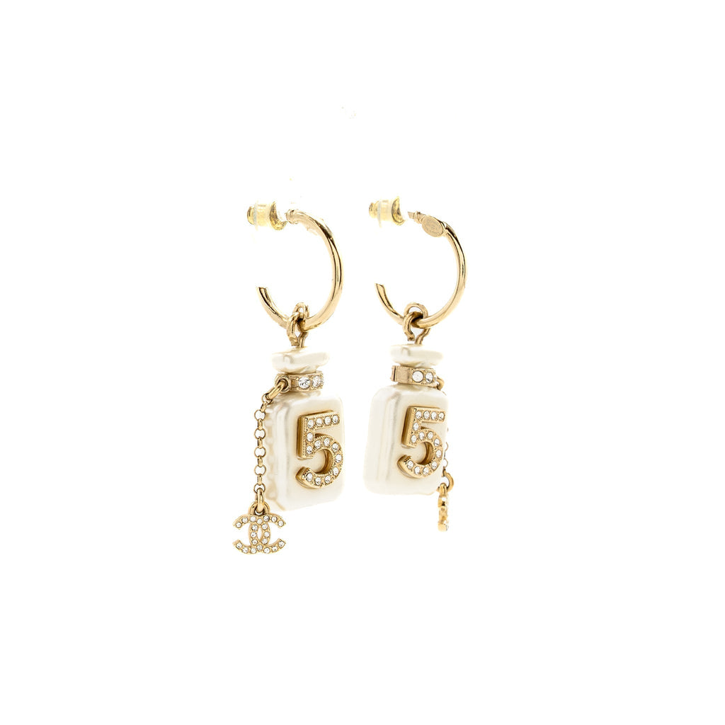 Chanel No.5 Perfume Bottle cc Logo Dropped Crystal Earrings Light Gold Tone