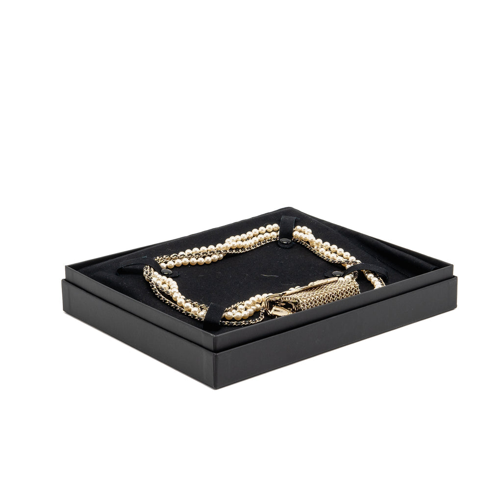 Chanel CC Flap Bag Pendant Long Necklace Pearl/Leather Light Gold Tone