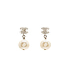 Chanel Pearl Dropped CC logo Earrings Silver Tone