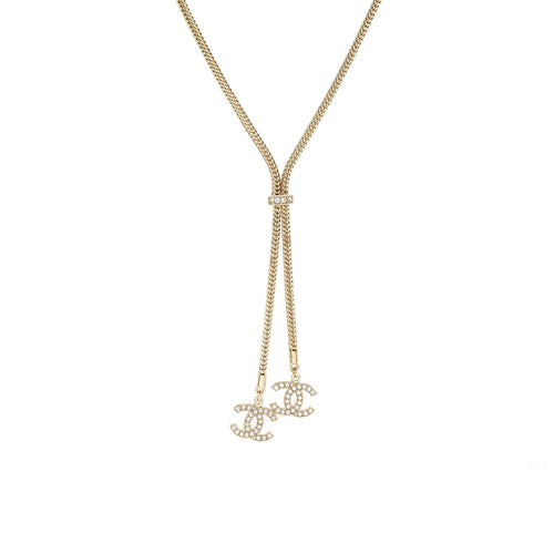 Chanel cc logo dropped necklace crystal light gold tone