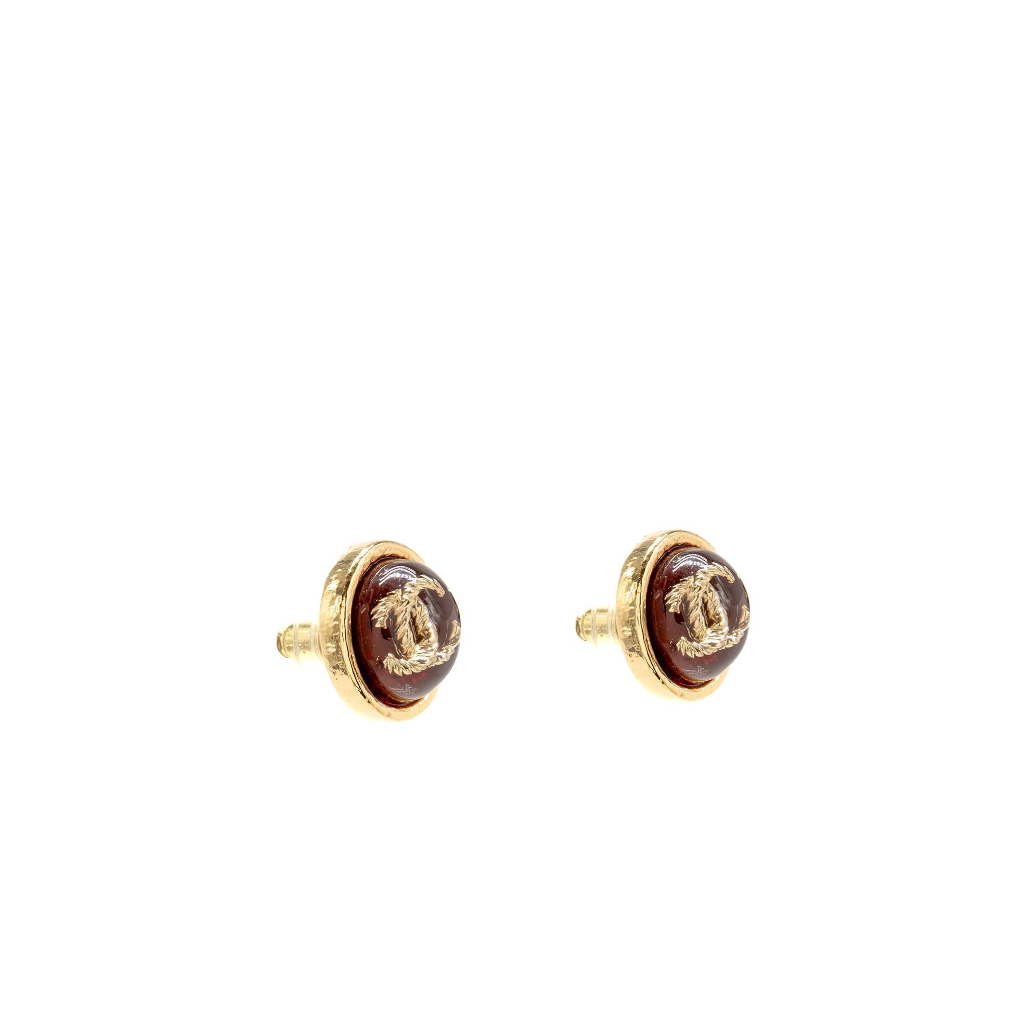 Chanel Round CC Logo Earrings Red Gold Tone