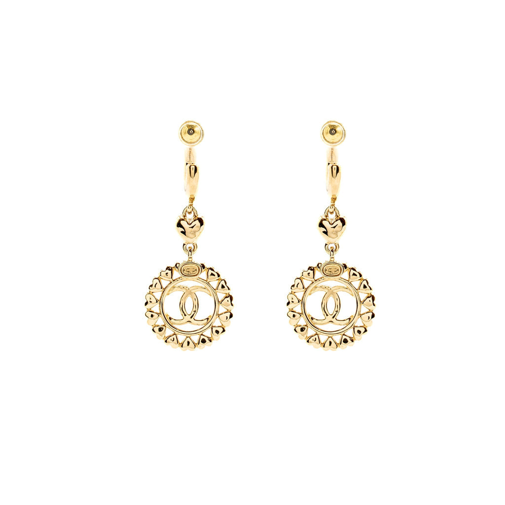 Chanel Heart Circle CC Drop Earrings Light Gold Tone