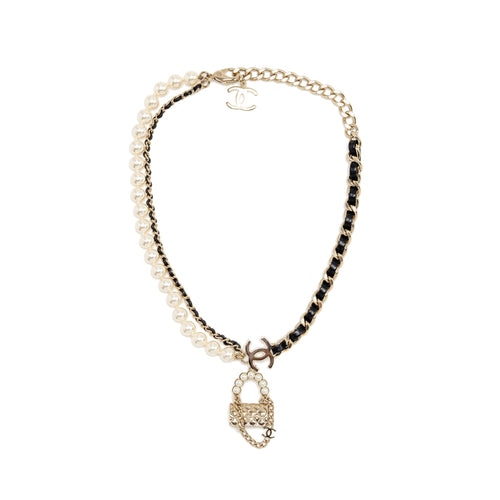 Chanel CC Mini Bag Pendant Necklace Pearl/Leather Light Gold Tone