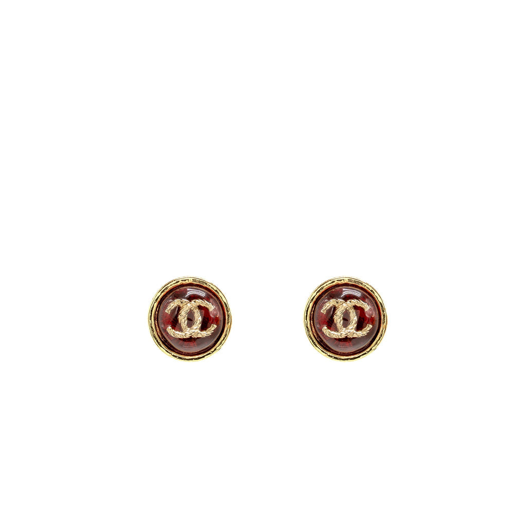 Chanel Round CC Logo Earrings Red Gold Tone