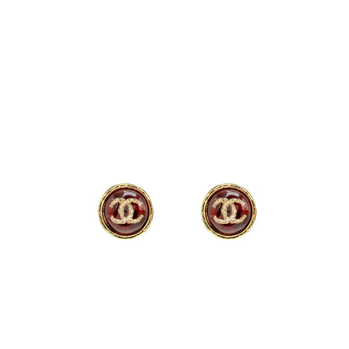 Chanel Round CC Logo Earrings Red Gold Tone