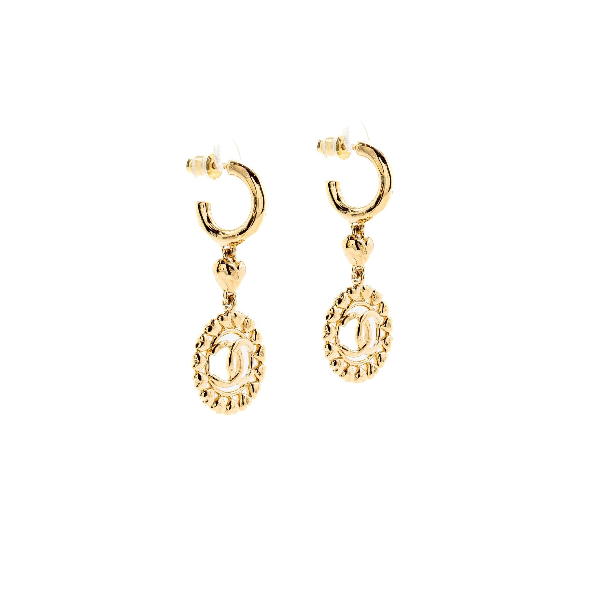 Chanel Heart Circle CC Drop Earrings Light Gold Tone