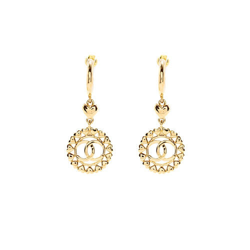 Chanel Heart Circle CC Drop Earrings Light Gold Tone