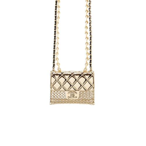 Chanel CC Flap Bag Pendant Long Necklace Pearl/Leather Light Gold Tone
