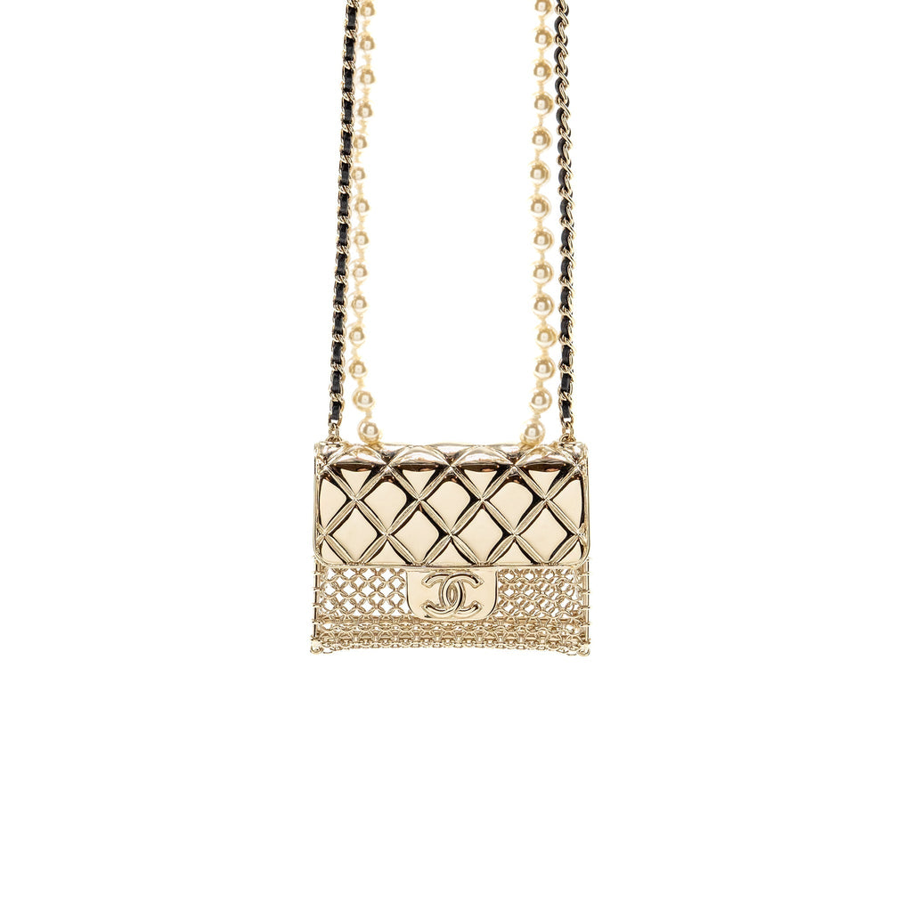 Chanel CC Flap Bag Pendant Long Necklace Pearl/Leather Light Gold Tone
