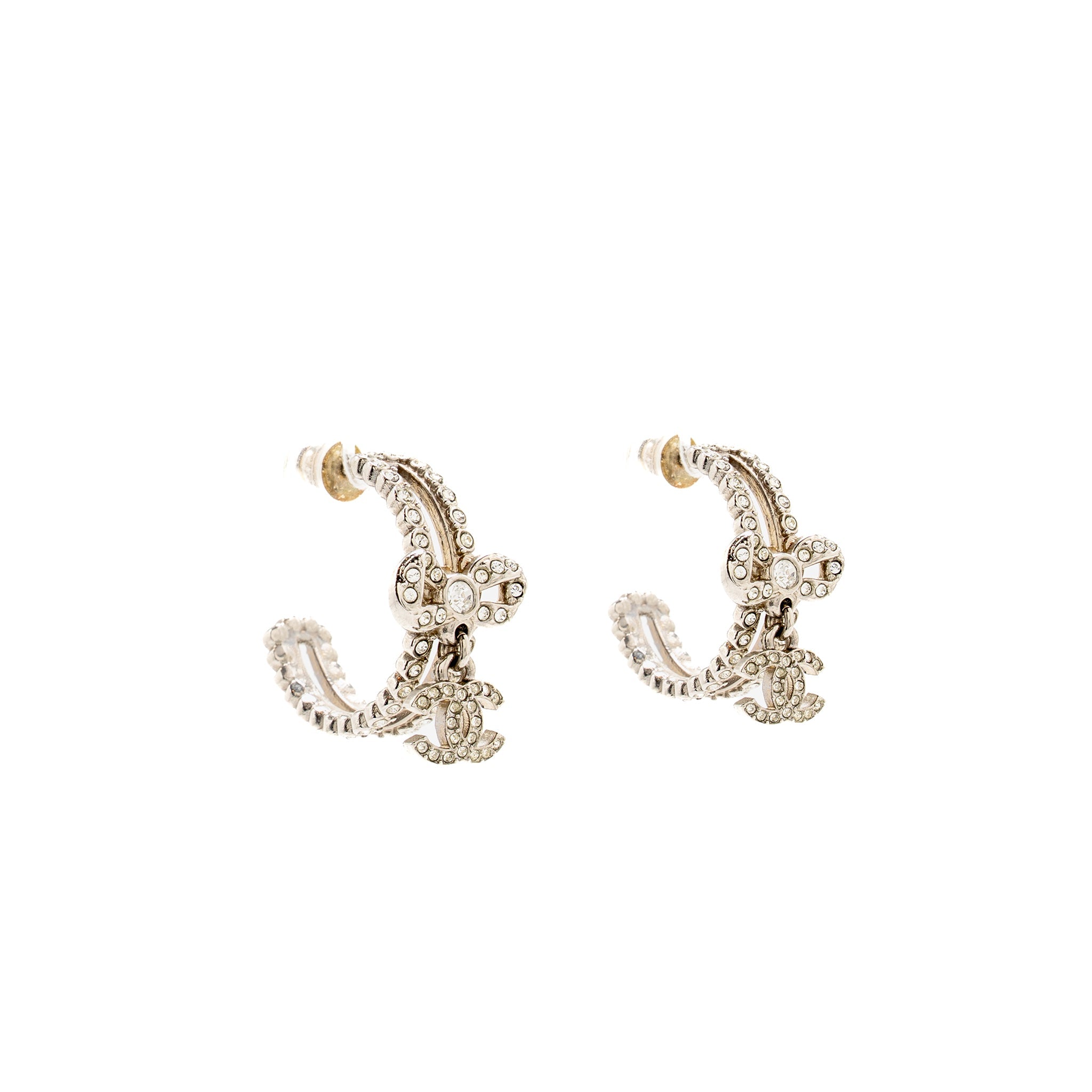 Chanel Bow Knot CC Drop Hoop Earrings Crystal Silver/Gold Tone