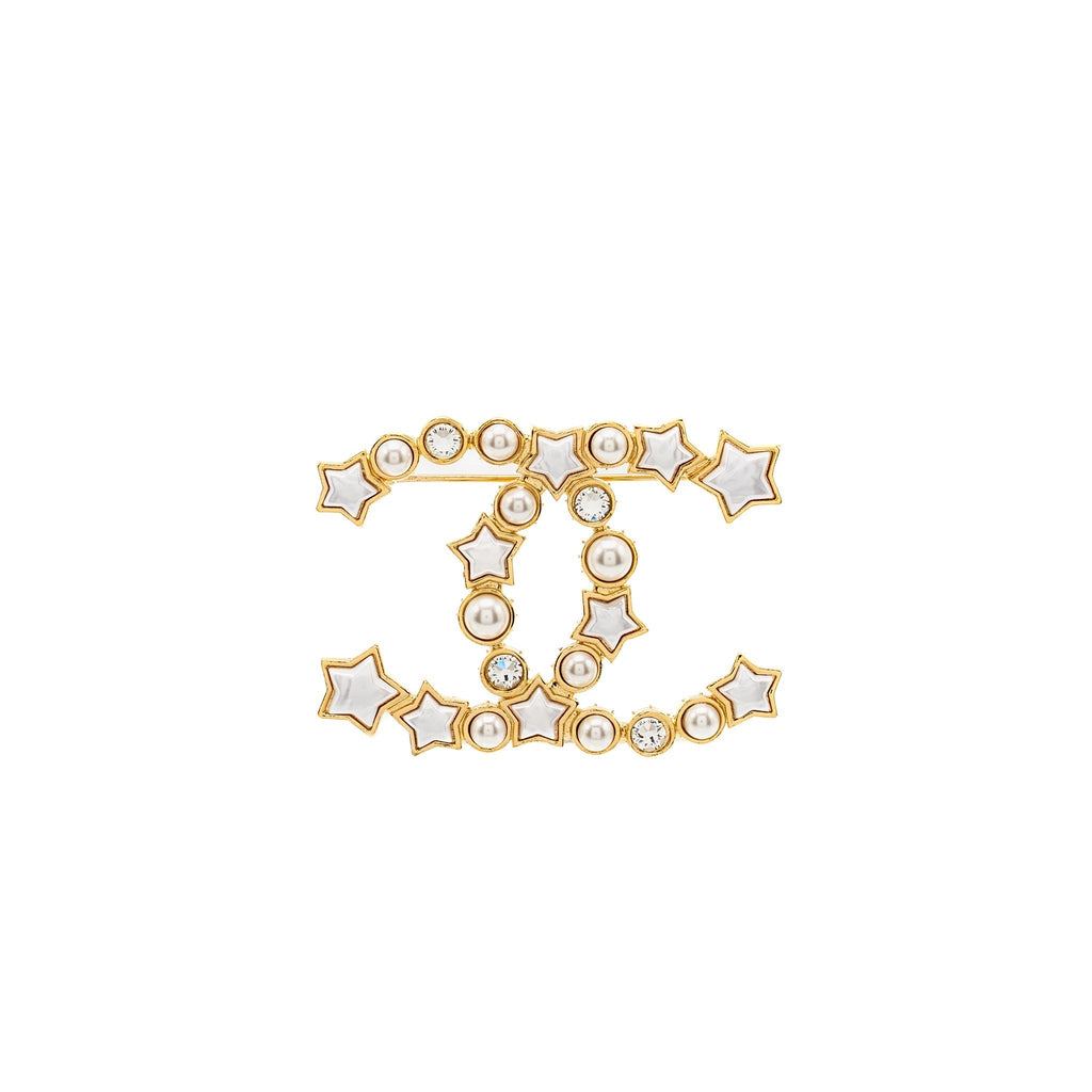 Chanel CC Star Brooch Crystal/Pearl Gold Tone
