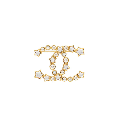 Chanel CC Star Brooch Crystal/Pearl Gold Tone