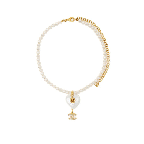 Chanel 24s CC Logo Dropped/Heart/Pearl Chocker/Necklace Gold Tone