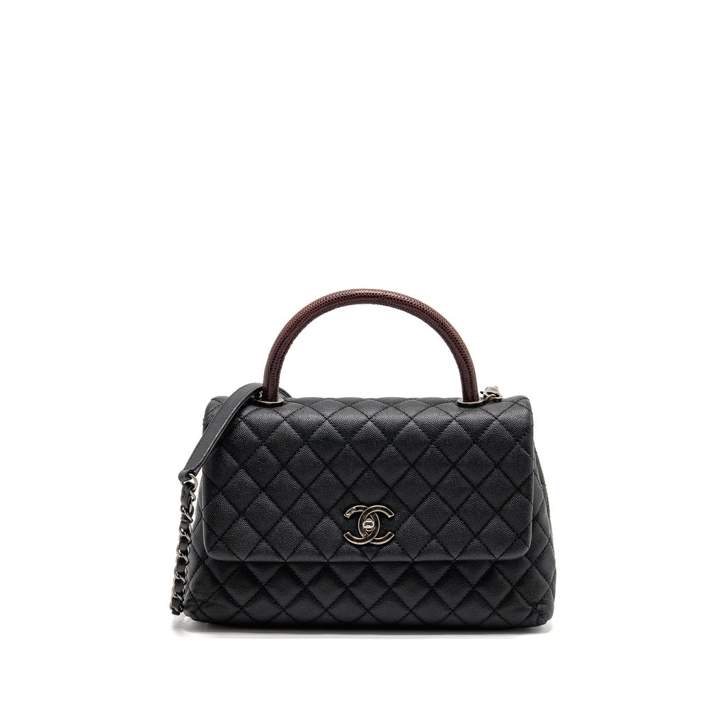 Chanel Medium Coco Handle Flap Bag Lizard Embossed Handle Caviar Black Ruthenium Hardware