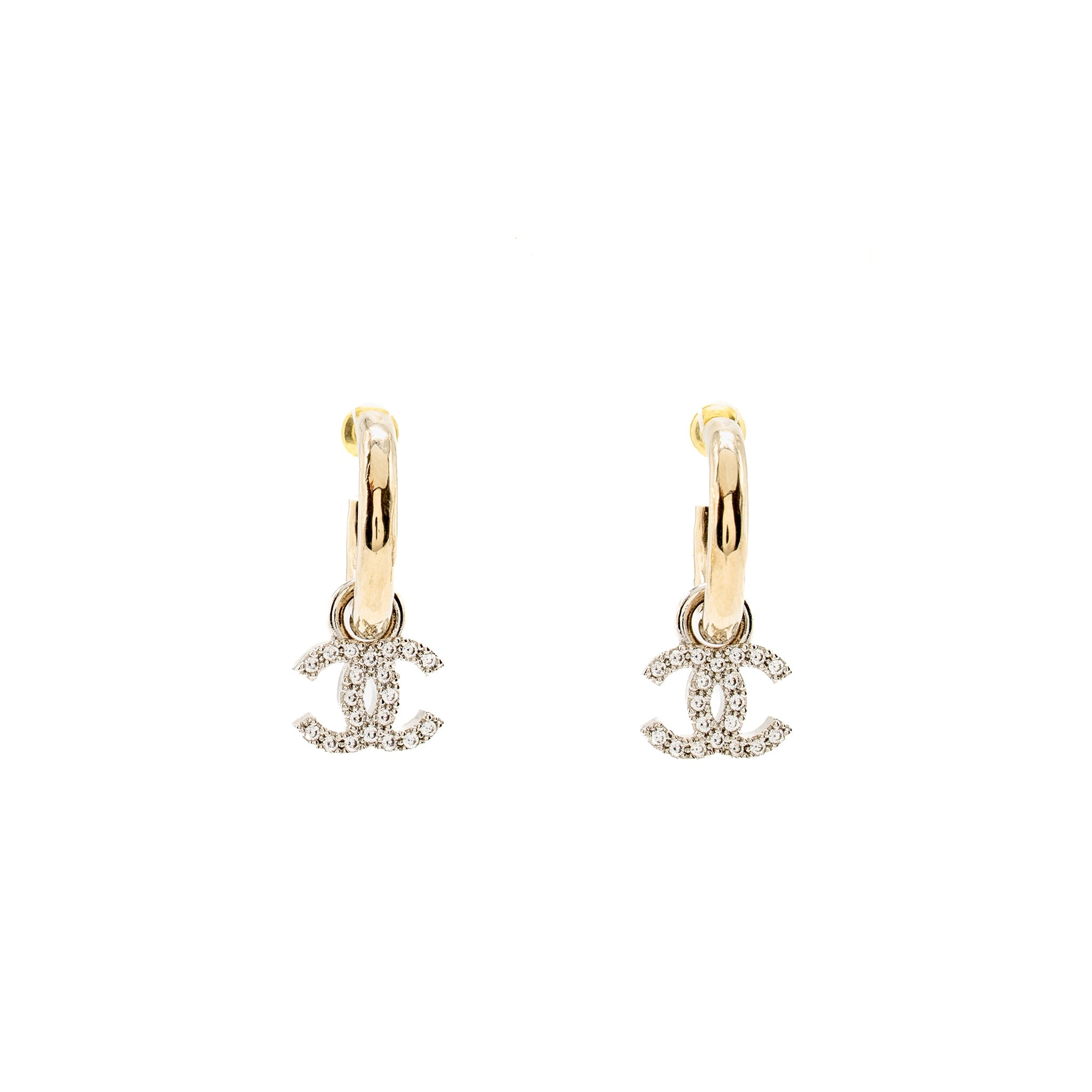 Chanel CC Drop Earrings Crystal Light Gold/Silver Tone