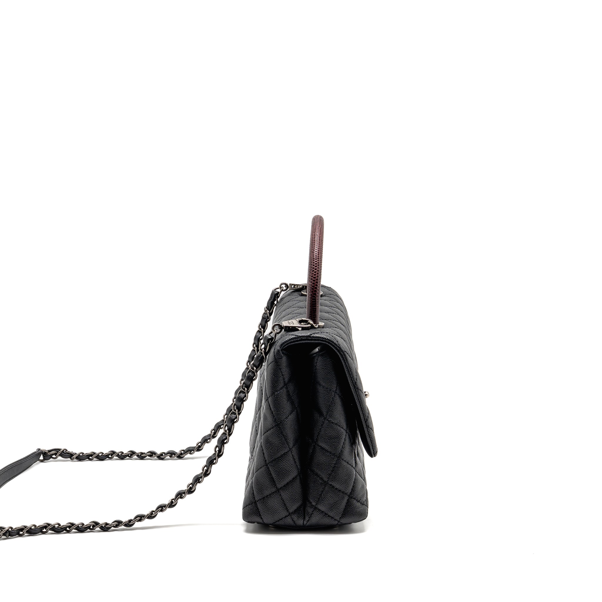 Chanel Medium Coco Handle Flap Bag Lizard Embossed Handle Caviar Black Ruthenium Hardware