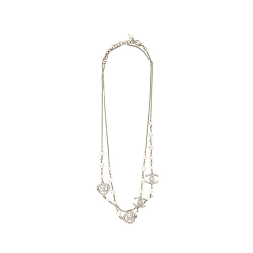 Chanel Crystal Heart Shape/Pearl Long Necklace Silver Tone