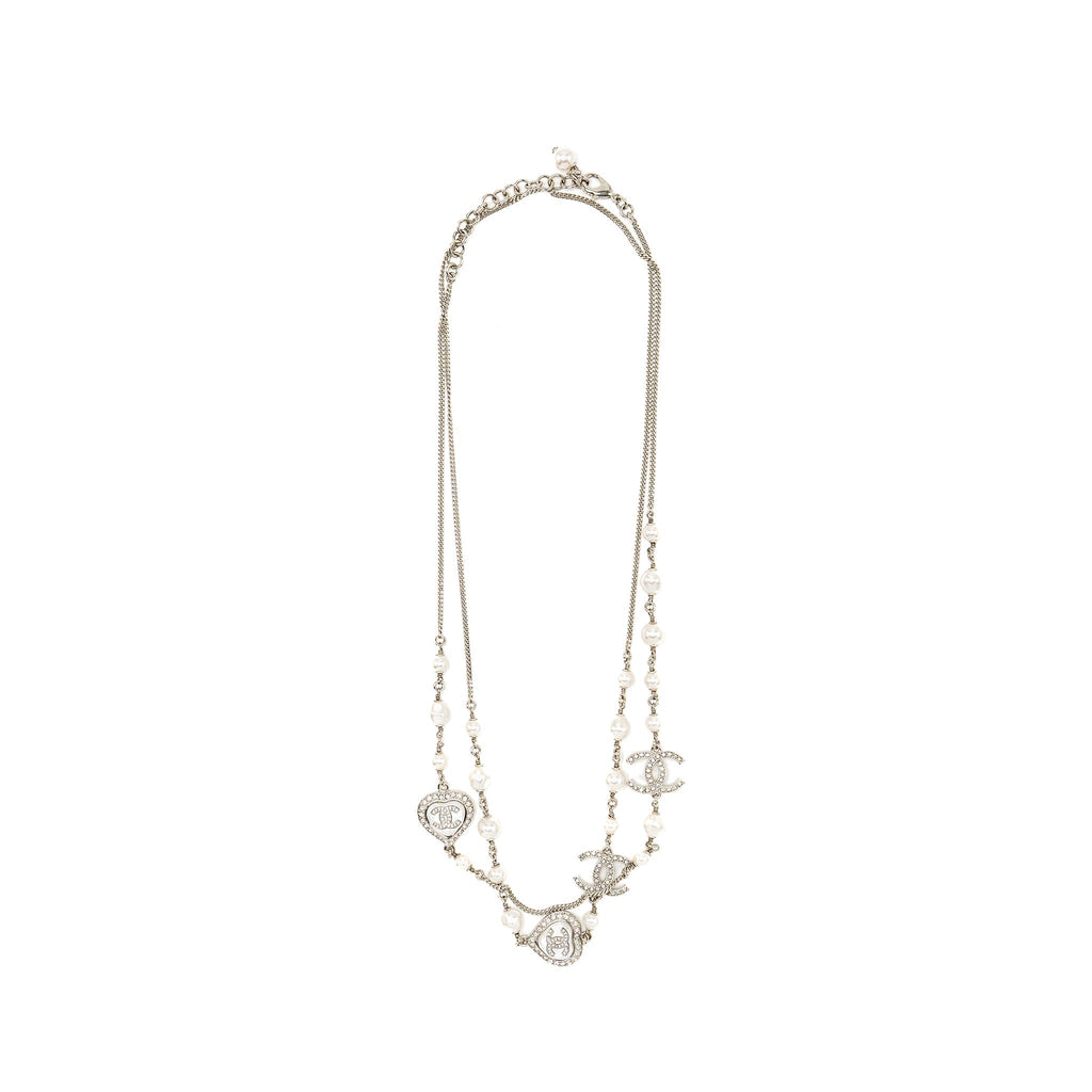 Chanel Crystal Heart Shape/Pearl Long Necklace Silver Tone