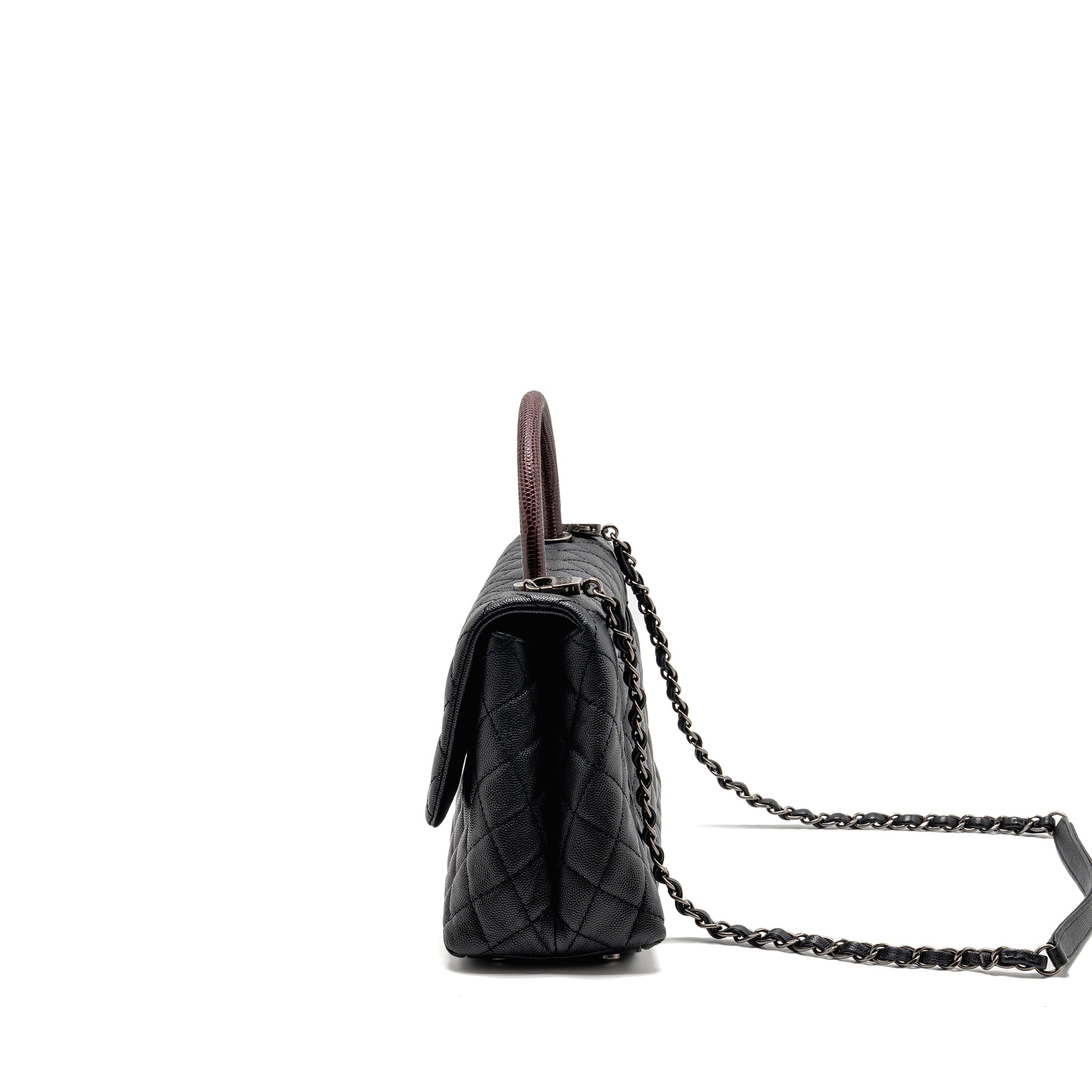 Chanel Medium Coco Handle Flap Bag Lizard Embossed Handle Caviar Black Ruthenium Hardware