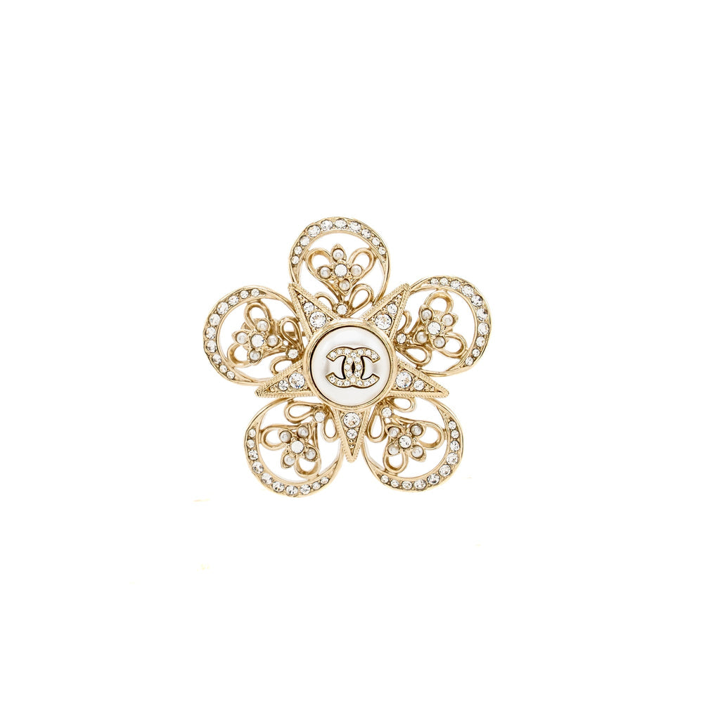 Chanel CC Flower Star Brooch Pearl/Crystal Light Gold Tone