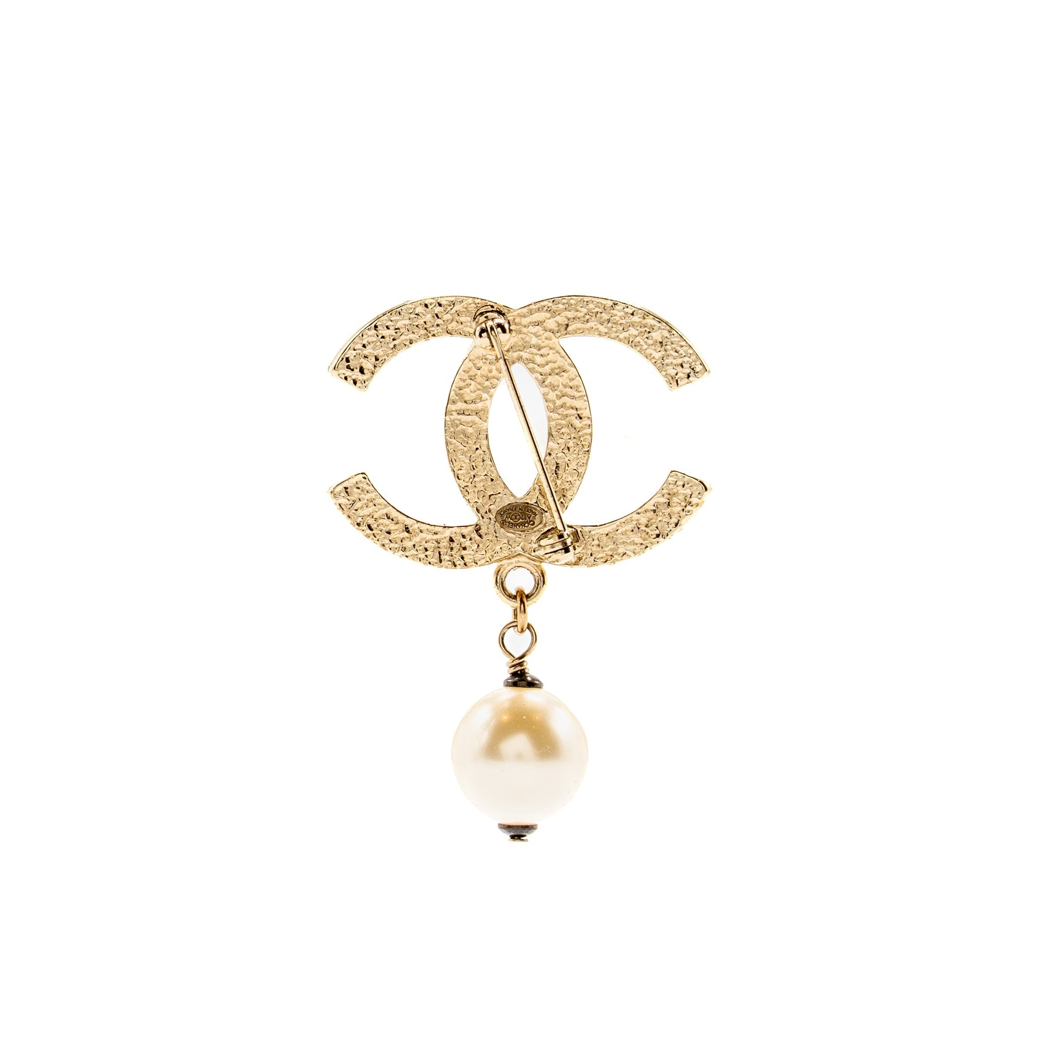 Chanel CC Brooch Pearl Drop Light Gold Tone