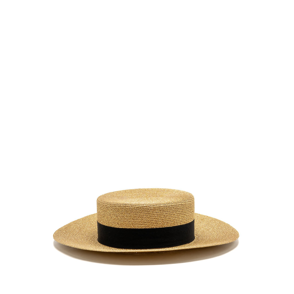 Gucci Size S 56cm Bow and Metal Bee Detailed Lame Papier Hat Straw Effect Fabric Gold/Black
