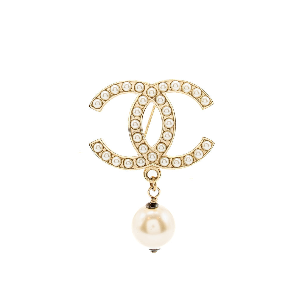 Chanel CC Brooch Pearl Drop Light Gold Tone
