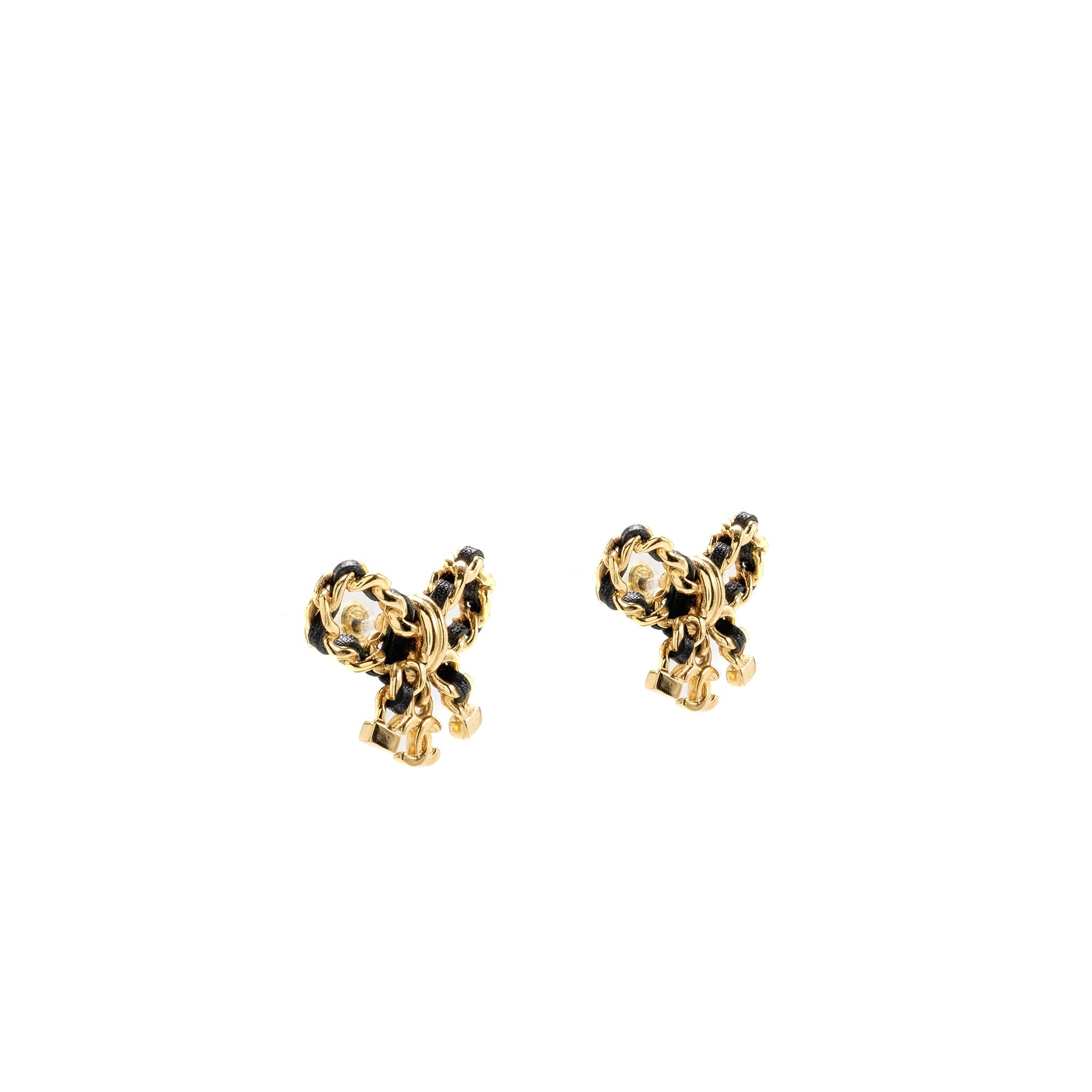 Chanel Leather Weave Bow Earrings Black Gold Tone