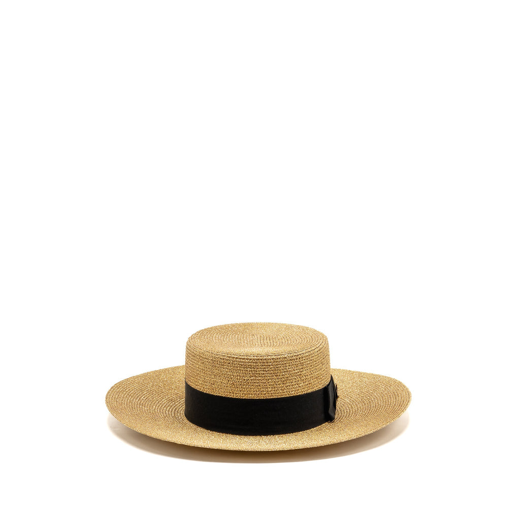 Gucci Size S 56cm Bow and Metal Bee Detailed Lame Papier Hat Straw Effect Fabric Gold/Black
