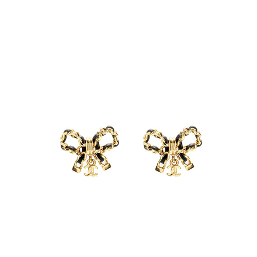 Chanel Leather Weave Bow Earrings Black Gold Tone