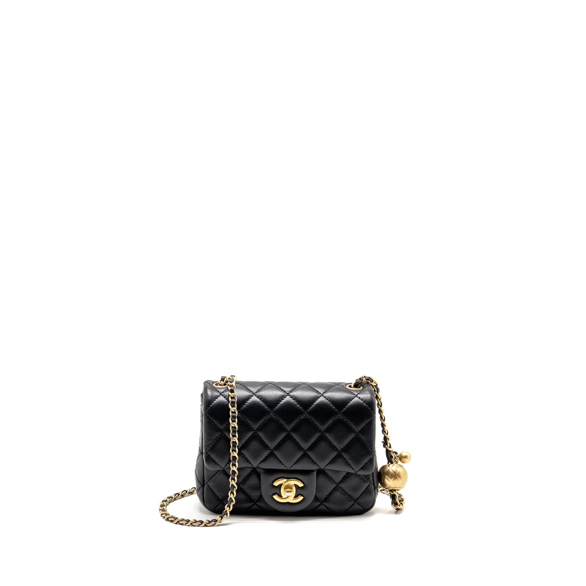 Chanel Pearl Crush Mini Square Flap Bag Lambskin Black GHW (microchip)
