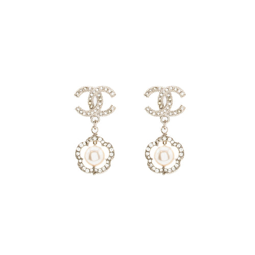 Chanel CC Flower Framed Pearl Drop Earrings Crystal Silver Tone