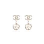 Chanel CC Flower Framed Pearl Drop Earrings Crystal Silver Tone