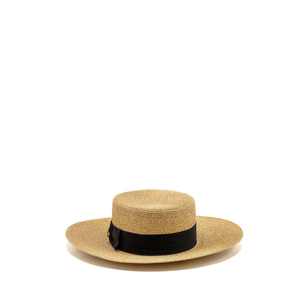 Gucci Size S 56cm Bow and Metal Bee Detailed Lame Papier Hat Straw Effect Fabric Gold/Black