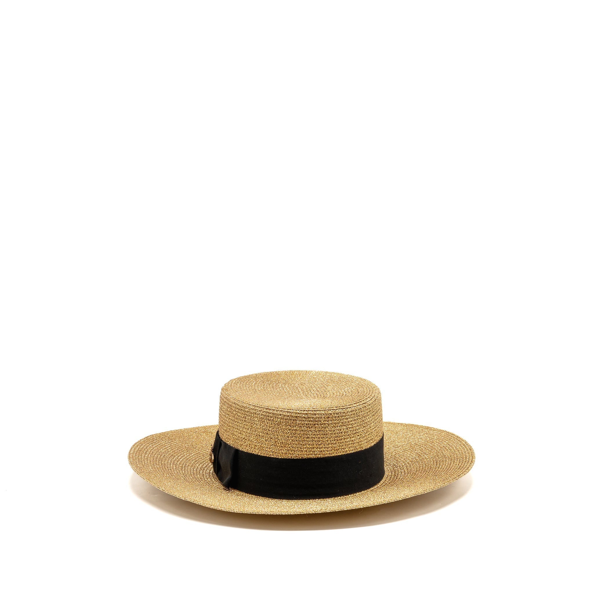 Gucci Size S 56cm Bow and Metal Bee Detailed Lame Papier Hat Straw Effect Fabric Gold/Black
