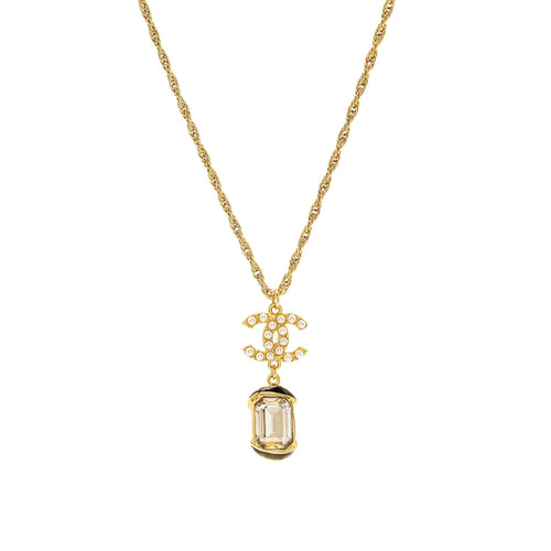 Chanel Pearl CC Pendant with Crystal Drop Necklace Gold Tone